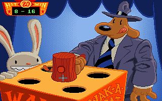 Sam schl�gt mit einem Holzhammer auf Maulw�rfe ein